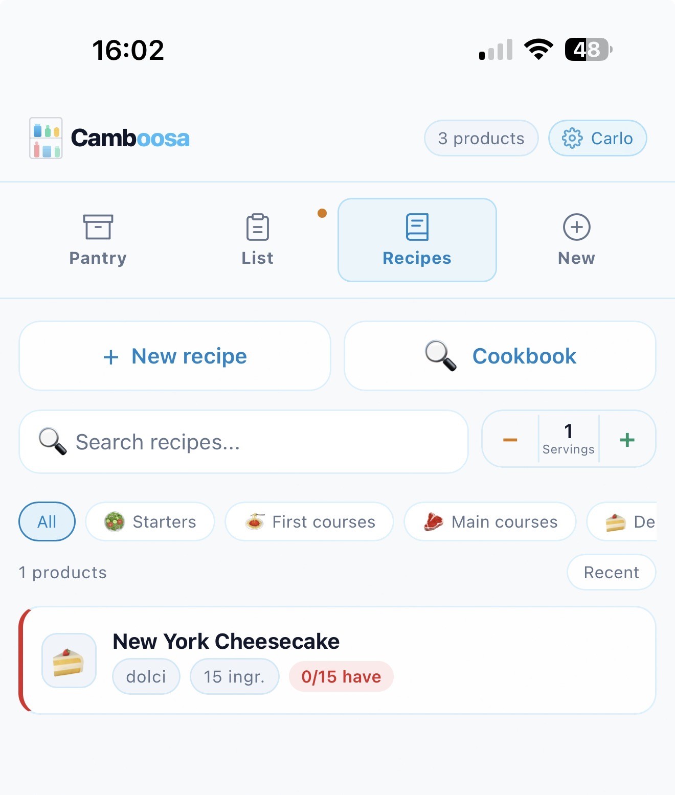 Sezione Ricette con categorie e porzioni